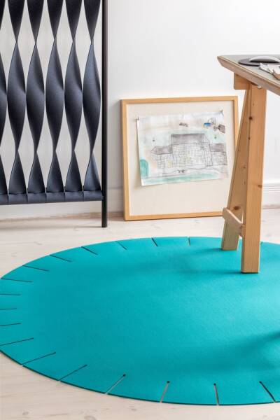 handmade, Hey Sign, Teppich Franse Rund 150 cm Aqua 50